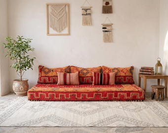 7 ft (210 cm) Handmade Orange Vintage rug Wool Floor Sofa Set – Moroccan Rug Orange Cushions - Unstuffed covers including pillow covers