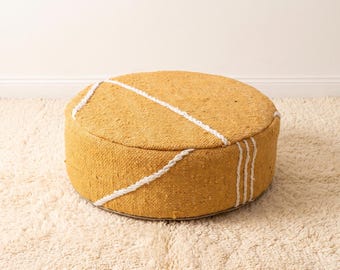 Handmade Moroccan Berber Rug Cotton Yellow Ottoman: 20x6” Yellow Round Floor Cushion