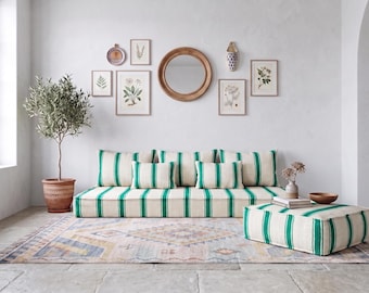7 ft ( 210 cm) Handmade Vintage  Wool Moroccan Green stripes Sofa Set: Full Floor Cushions + Insert Covers