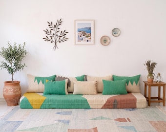 8 ft (240 cm) - Handmade Wool Moroccan Abstract Floor Sofa Set: Green yellow Kilim Rug sofa Bohemian set