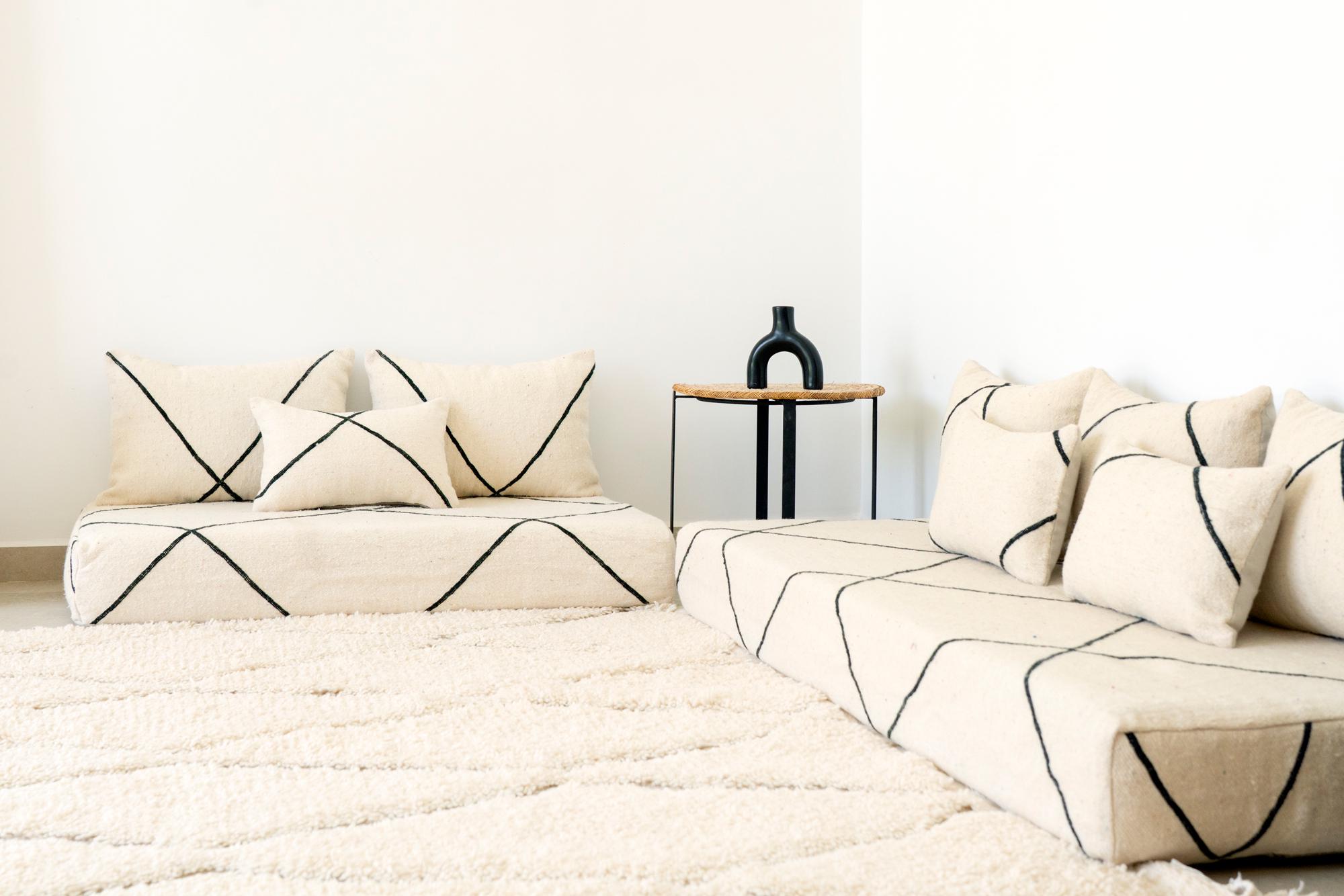 Moroccan Wool White Floor couch Covers - 4,5,6 & 7 ft (120/150/180/210 x70x15 cm) Unstuffed Complete set Long Floor Cushion + Pillow cases.