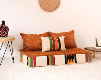 4 Fuß (120x70x15 cm) Vintage handgefertigte marokkanische Orange Boden Sofa Kissen-Set - Ungepolstert + kleines Kissen + Kissenbezüge