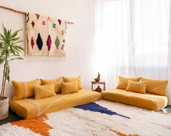 Yellow Moroccan Handmade Floor sofa set : Cotton yellow cushion seating boho style