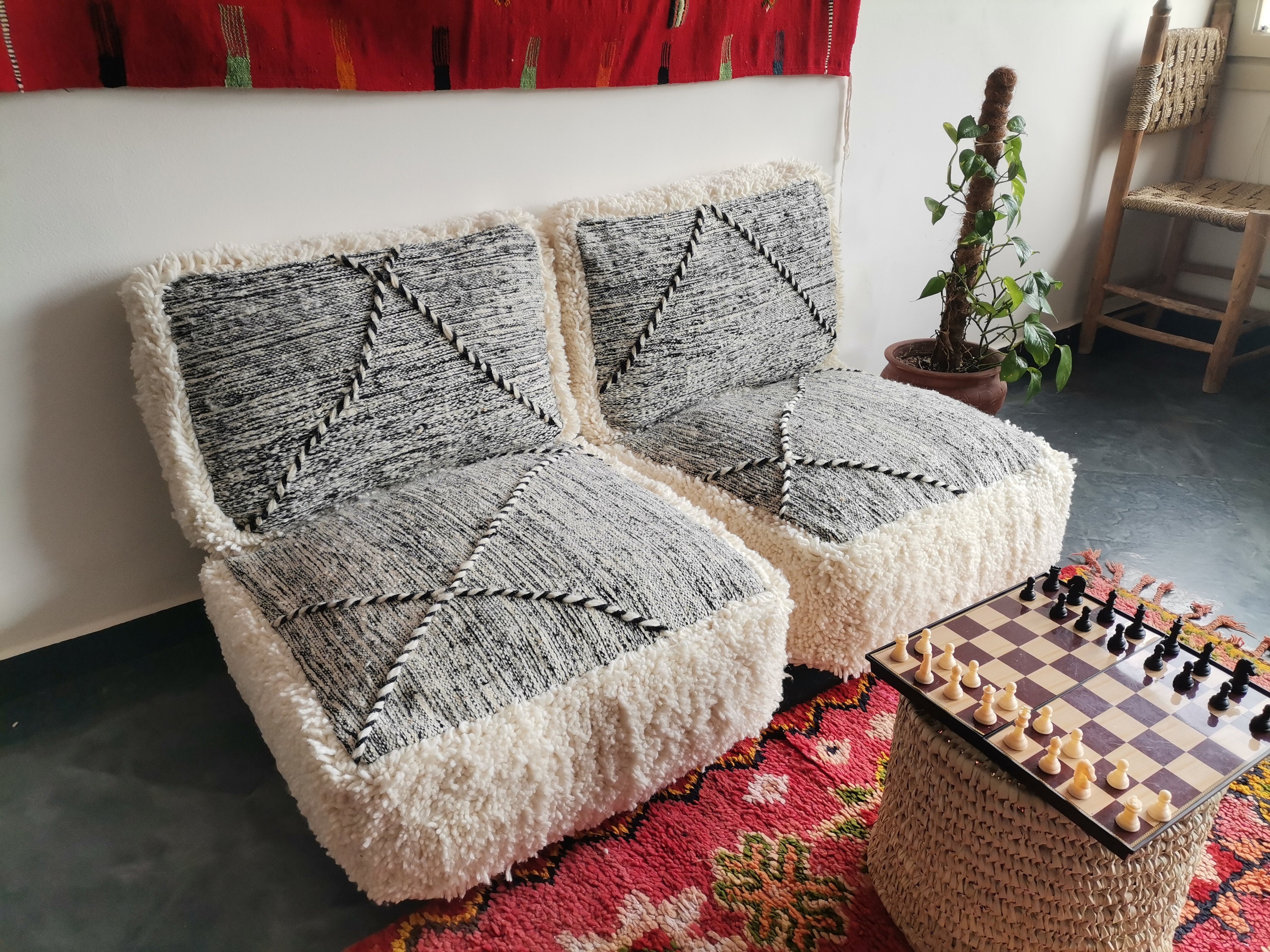 モロッコ風フロアクッションカバー：詰め物なしのザナフィ2人掛け