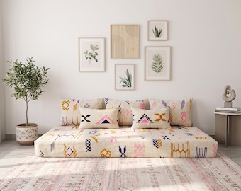 6 ft (180 cm) Moroccan Handmade White Sofa Cover Set: 6 ft (180 cm) kilim Floor Cushion with Pillows boho living