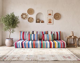 6 ft (180x70x15 cm) Ethnic Recycled rag-Rug Handmade Boucherouite Blue Floor Sofa – Vintage Moroccan Blue Cushion Set