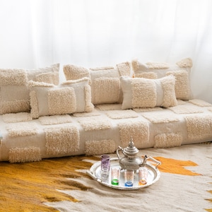 FEATURED Moroccan Floor Couch Covers -4,5,6 & 7 ft (120/150/180/210 x70x15 cm) Unstuffed Complete set Long Floor Cushion + All Pillow cases.