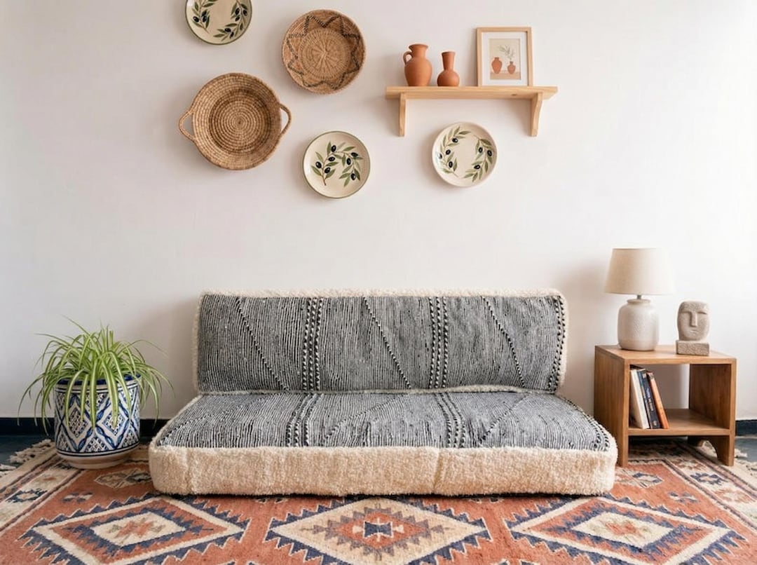 Boho Style Unstuffed Handmade Cotton & Wool Moroccan Floor Couch