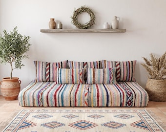 6 ft (180 cm) Handmade Moroccan Recycled Floor Sofa Cover Set: Boucherouite Rug Cushions (Unstuffed) Machine washable sofa covers