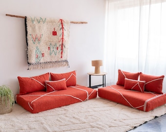 Moroccan Handmade Orange Floor Couch Set: Orange Boho Cotton Sofa