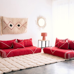 Moroccan Red Cotton Floor couch Covers - 4,5,6 & 7 ft (120/150/180/210  cm)  Unstuffed Complete set Long Floor Cushion + Pillow cases.
