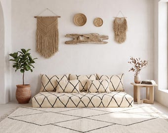 6 ft (180 cm) Handmade Moroccan White Wool Sofa Set: 6 ft (180 cm) kilim Floor Cushion with Pillows boho living