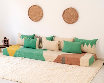 8 ft (240 cm) - Handmade Wool Moroccan Floor Sofa Set: Unstuffed Green yellow Kilim Rug sofa set