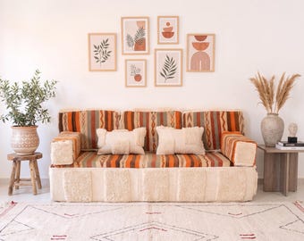 6ft/180cm Set - Handmade Vintage Orange Wool Loveseat Cover: Moroccan Orange Sofa, Armrests & Pillows
