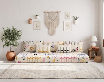 7 ft (210 cm) Handmade White kilim Wool Moroccan White Sofa Cover Set: Floor Cushion with Pillows Boho style