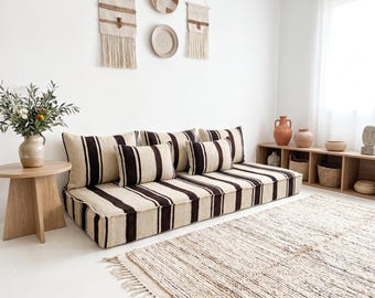 6 ft (180 cm) Handmade Moroccan Black stripes Sofa Set: 6 ft (180 cm) kilim Floor Cushion with Pillows boho living