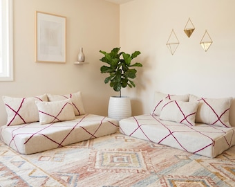 Divano da pavimento marocchino bianco fatto a mano, 2 x 4 piedi (2 x 120 cm): divano in lana rosso a rombi senza imbottitura con cuscini - seduta in stile boho