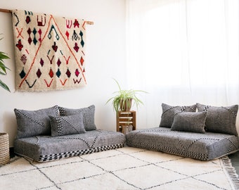 Moroccan Zanafi Black Floor Sofa Covers  - 4,5,6 & 7 ft (120/150/180/210  cm)  Unstuffed Complete set Long Floor Cushion + Pillow cases.