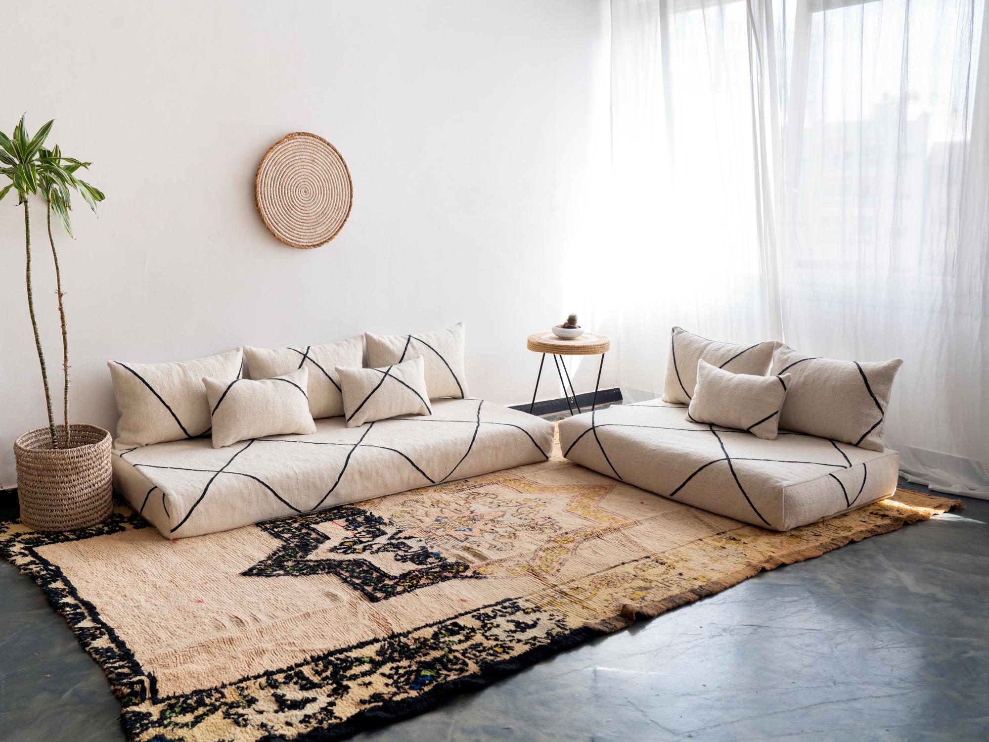 Moroccan Wool White Floor couch Covers - 4,5,6 & 7 ft (120/150/180/210 x70x15 cm) Unstuffed Complete set Long Floor Cushion + Pillow cases.