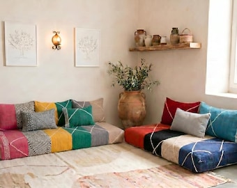 Mehrfarbiges marokkanisches Bodensofa: 13 Farben handgefertigte ungefüllte Bezüge + Kissenbezüge - Boho Electic - Optionale Poufs & Armlehnen