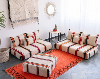 Moroccan Sofa - 8 F (2 x 120/70/15 cm)  Unstuffed Floor Couch+ 4 Back Pillows +2 Extra pillows + Floor cushion + Stuffing Zipped Pouches