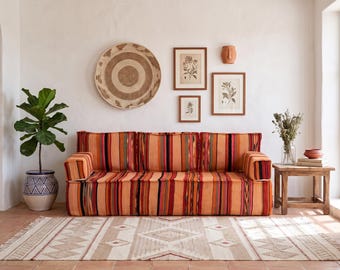180x70x30 cm (6 ft) Handmade Wool Vintage Orange Authentic Moroccan Couch Cover Set: Orange full Sofa + Back pillows + Armrests