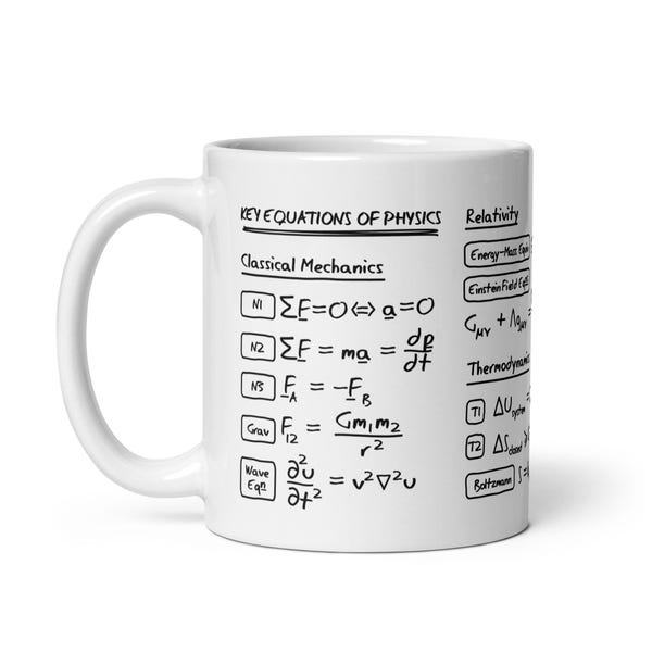 Key Equations of Physics Mug | Quantum Theory, Classical Mechanics, Relativity etc | Black or Multicolour