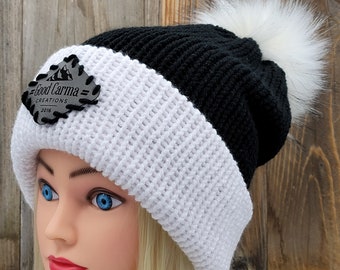 Hand Loom Knitted Winter Hat Beanie with Detachable Pompom