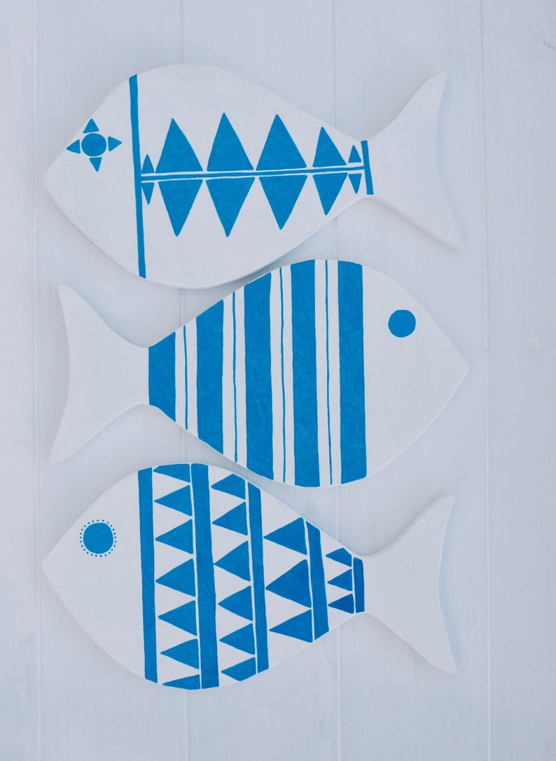 Coastal decoration blue wooden fish wall hanging set of three Etsy