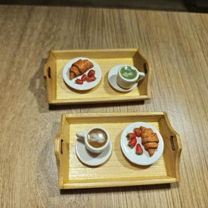 Miniature Breakfast,miniature croissants, fruits, coffee,dollhouse miniatures, miniature food, dollhouse food, 1:12 scale, polymer clay food