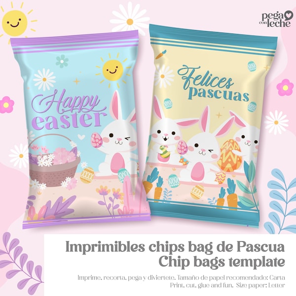 Modèle de sac de chips de Pâques, sacs de chips Imprimibles de Pascua, anglais et espagnol