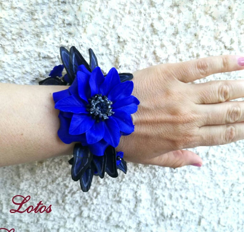 Cobalt Blue Flower Bracelet Statement Polymer Clay Jewelry Large Big Adjustable Bracelet Boho Handmade Jewelry for Women Unique Gift for Her