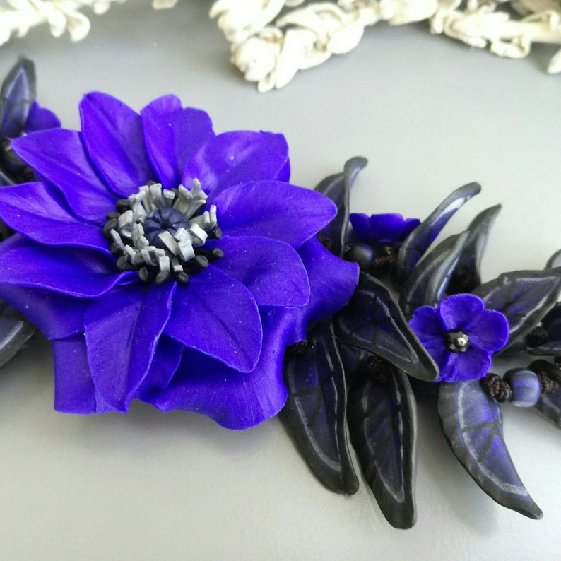 Cobalt Blue Flower Bracelet Statement Polymer Clay Jewelry Large Big Adjustable Bracelet Boho Handmade Jewelry for Women Unique Gift for Her