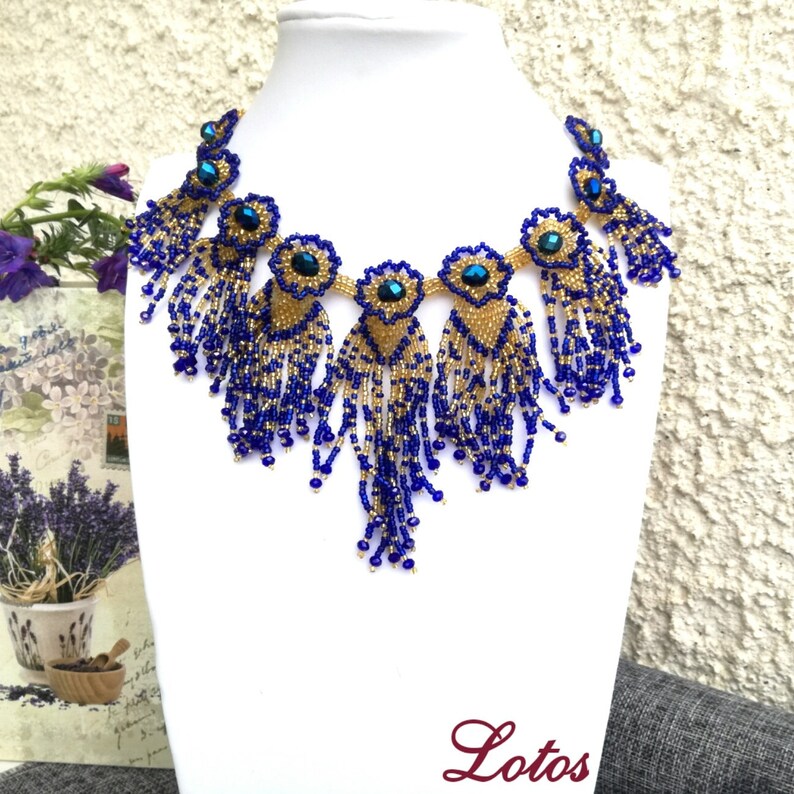 Gold Blue Native Necklace Choker Cobalt Blue Bib Necklace Beaded of Seed Bead Crystal Unique Jewelry Gift for Women One of a Kind