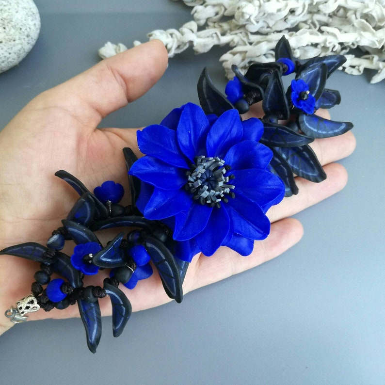Cobalt Blue Flower Bracelet Statement Polymer Clay Jewelry Large Big Adjustable Bracelet Boho Handmade Jewelry for Women Unique Gift for Her