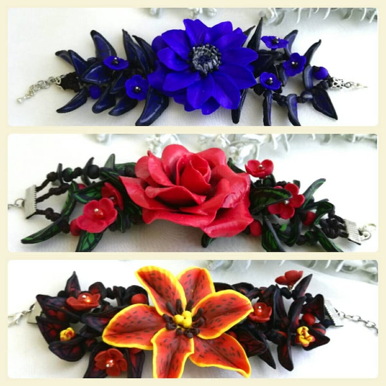 Cobalt Blue Flower Bracelet Statement Polymer Clay Jewelry Large Big Adjustable Bracelet Boho Handmade Jewelry for Women Unique Gift for Her