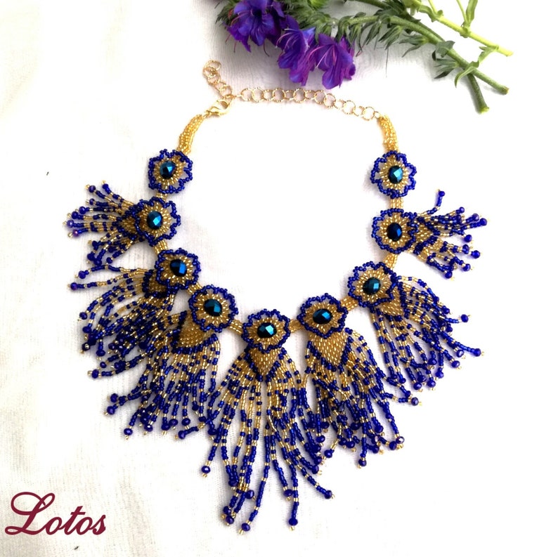 Gold Blue Native Necklace Choker Cobalt Blue Bib Necklace Beaded of Seed Bead Crystal Unique Jewelry Gift for Women One of a Kind