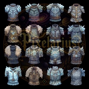 May include: A selection of pixel art armour designs in shades of silver, blue, and brown. Some armour pieces have fur detailing. The word "Pixelarius" is displayed in the centre of the image.