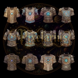 May include: Twelve pieces of fantasy armour with detailed designs. Each piece has a unique metallic texture, with blue and gold accents. The armour is set against a cosmic background, suggesting a space or fantasy theme. The image has a pixelated style.