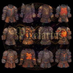 May include: A selection of twelve pixel art armour designs. The armour pieces feature various colours, including shades of brown, grey, and red, with intricate details and textures. Some designs have fiery or glowing elements.