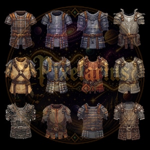 Può includere: Una collezione di armature in pixel art in vari colori, tra cui marrone, grigio e oro. Ogni armatura presenta dettagli intricati, cinghie e fibbie, con un tema fantasy medievale. L'immagine ha uno sfondo scuro con un design celeste.
