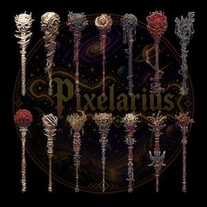 Pode incluir: Uma coleção de bastões de fantasia com designs intrincados. Cada bastão apresenta um topo único, incluindo crânios, orbes e elementos texturizados, com cores e detalhes variados. O fundo inclui o texto "Pixelarius" e um design cósmico.