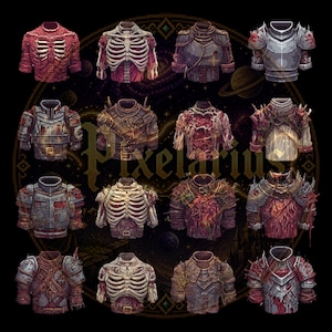 May include: A selection of pixel art armour designs, featuring skeletal, metallic, and flesh-toned variations. The designs are arranged in a circular pattern against a dark background with the text "Pixelarius". The armour pieces are detailed and stylized.