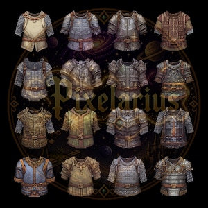 May include: A collection of sixteen pixel art armor designs in various colors and styles. The armors include chainmail, plate, and leather variations, with details like belts and shoulder pads. The background features a galaxy and the text "Pixelarius".