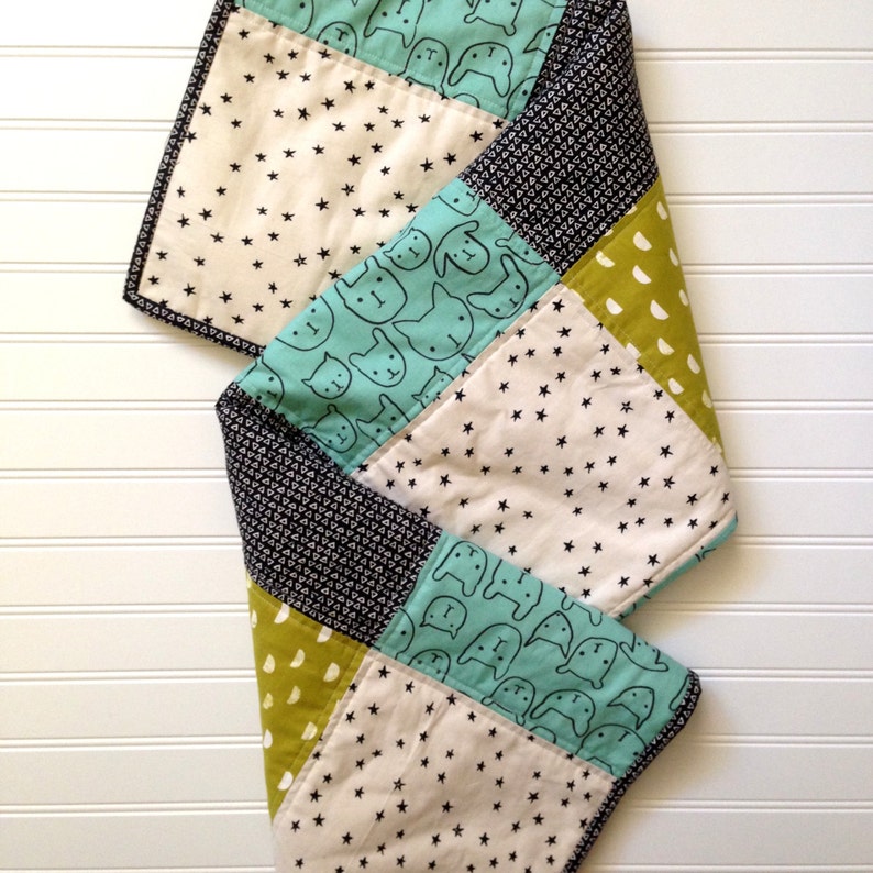 Modern Baby Quilt Aqua and Moss Plaid unbleached cotton unisex blue stars geometric toddler bedding gender neutral baby blanket