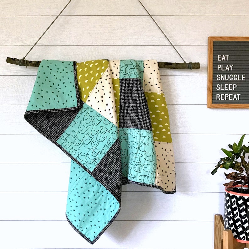 Modern Baby Quilt Aqua and Moss Plaid unbleached cotton unisex blue stars geometric toddler bedding gender neutral baby blanket