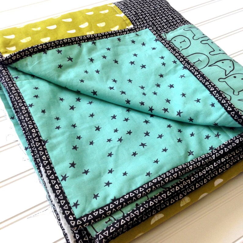 Modern Baby Quilt Aqua and Moss Plaid unbleached cotton unisex blue stars geometric toddler bedding gender neutral baby blanket