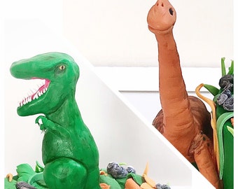 Dinosaures féroces faits à la main T-Rex Brontosaurus Pâte à sucre / Fondant Cake Topper