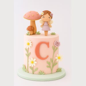 Handmade Sugarpaste Fairy Cake Topper Set: Initial, Mushrooms & Flowers