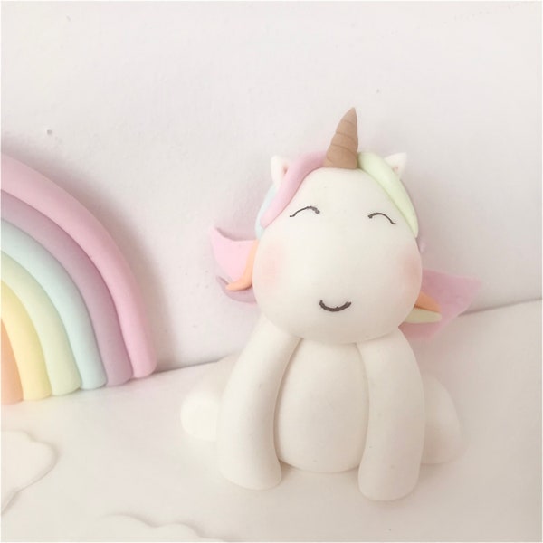 Unicornio hecho a mano y Rainbow Pastel Cake Topper Set pasta de azúcar fondant